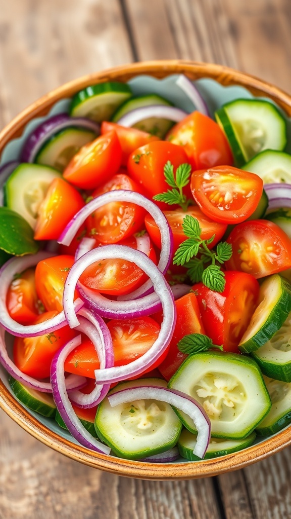 A refreshing salad with onions, tomatoes, and cucumbers, garnished with herbs on a wooden table.